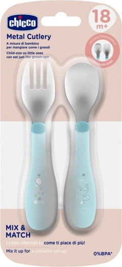 Chicco rustfri ske og gaffel, teal, fra 18 måneder