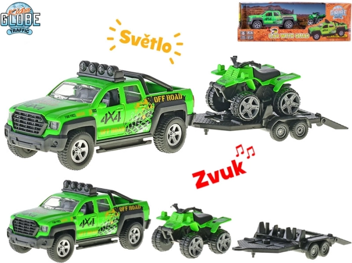 Kids Globe Traffic bil med trailer og ATV, metalmodel 13 cm med lys og lyde