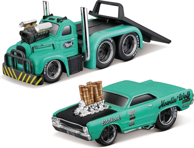 Maisto Muscle transports Mack B-61 flatbed med Dodge Dart HEMI gasser 1:64