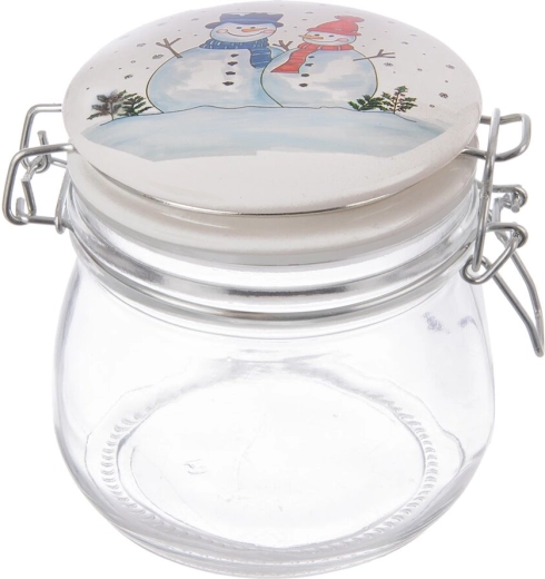 Glaskrukke med klips og keramisk låg med snemand 0,5 l