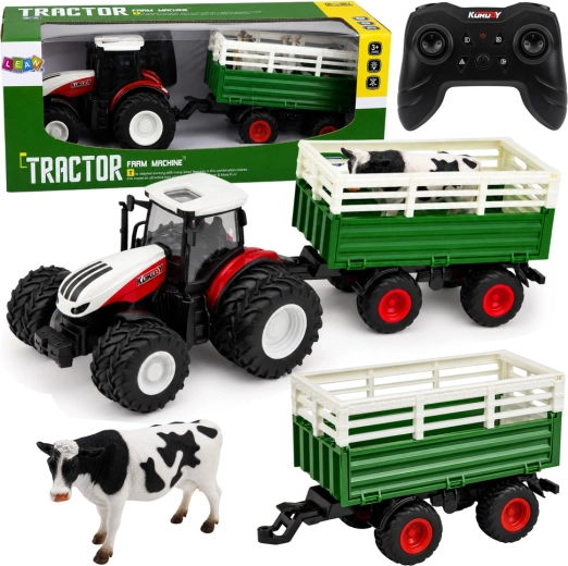 RC landbrugstraktor med trailer og kofigur 1:24