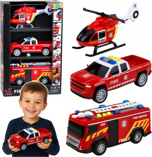 Sæt med 3 brandkøretøjer Fire rescue 1:32 med lys og lyde