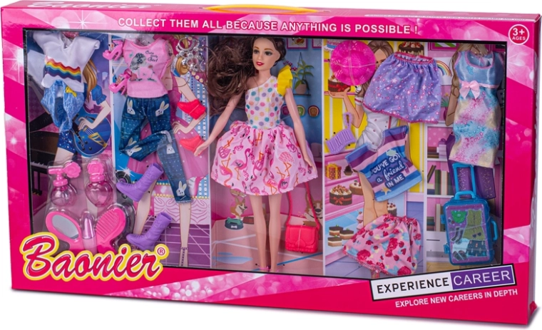 Modedukke 29 cm med tøj og tilbehør