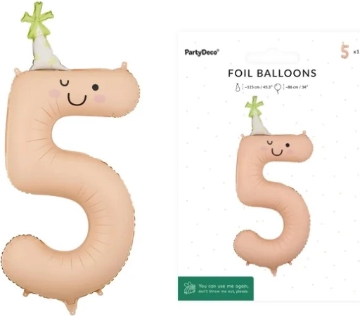 Folieballon tal 5 ferskenfarvet med ansigt 86 cm