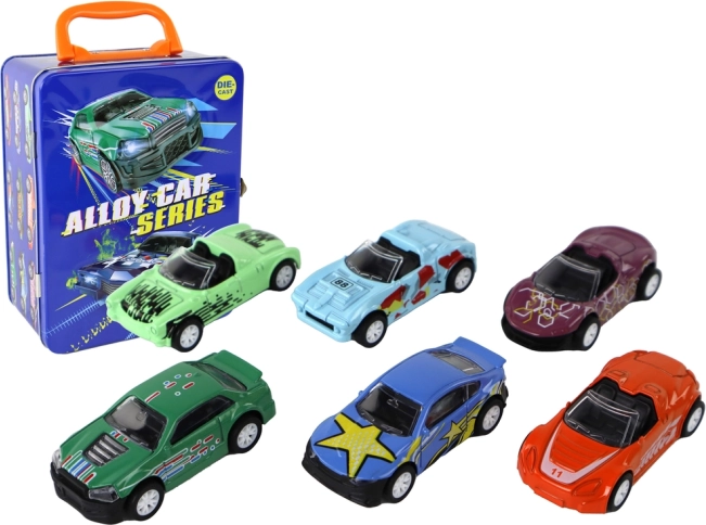 Sæt med metalbiler med friktionsdrev i blik-kuffert 1:64, 6 stk.