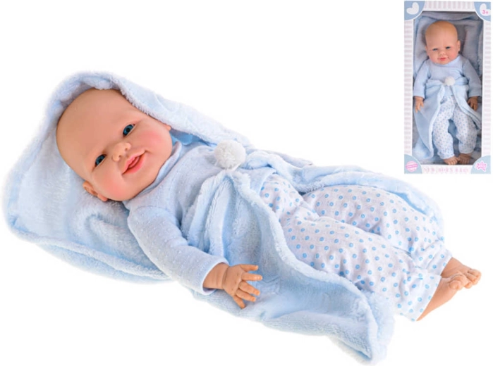 Vinylbabydukke dreng med tæppe 42 cm