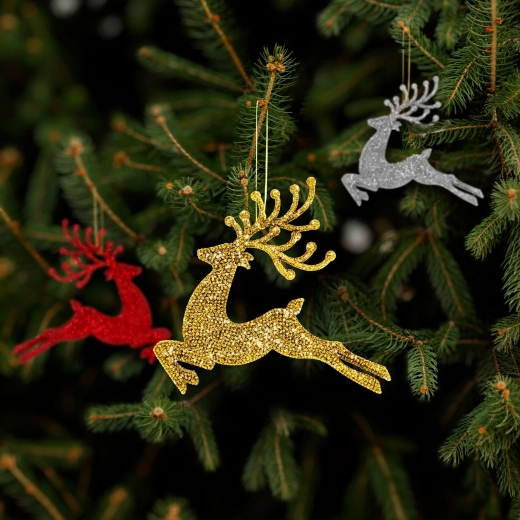 Glitrende julepynt med rensdyr, 12 cm, rød/guld/sølv - 1 stk.