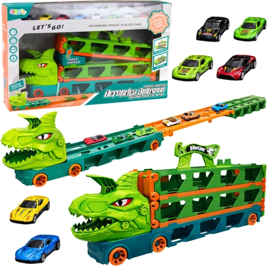 Dinosaurlastbil med små biler 4-i-1 – transporter, racerbane og affyrer, 2,1 m