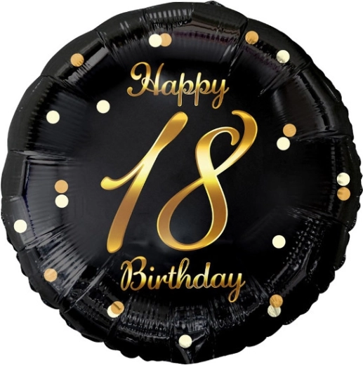 Folieballon Happy 18th Birthday, sort med gyldent print