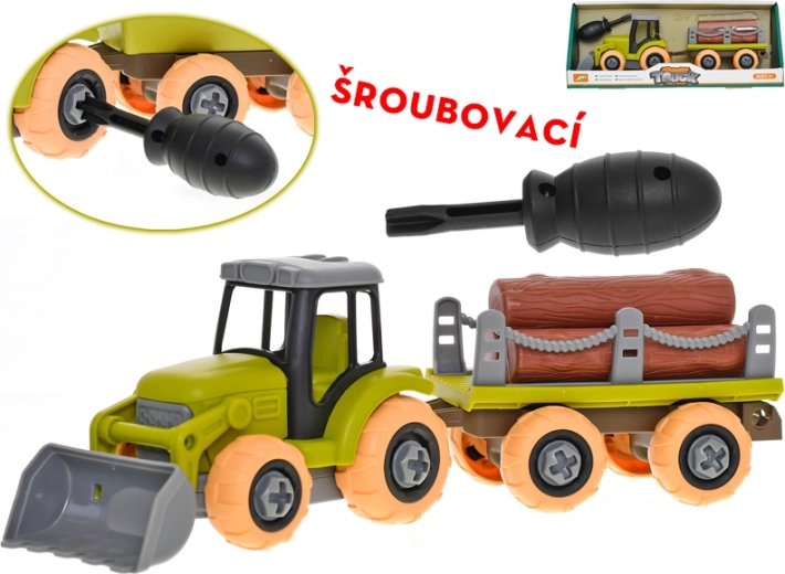 Skruesamletraktor med trailer og træstammer 28 cm