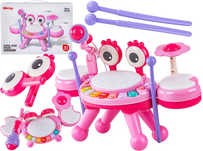 Pædagogisk mini-trommesæt krabbe med lille klaver og mikrofon, rosa – 1 stk.