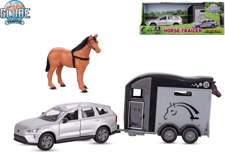 Kids Globe Traffic VOLVO EX90 med hestetrailer, metalmodel 28 cm