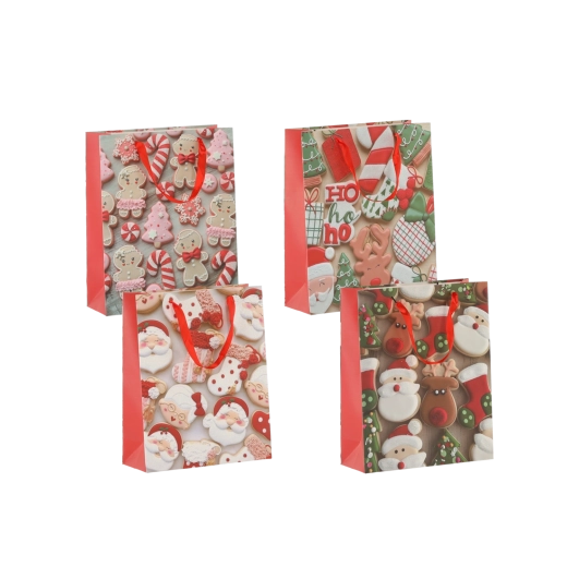 Julegaveposer med småkagemotiv 18 × 24 × 8 cm, røde båndhåndtag, sæt med 12 stk.