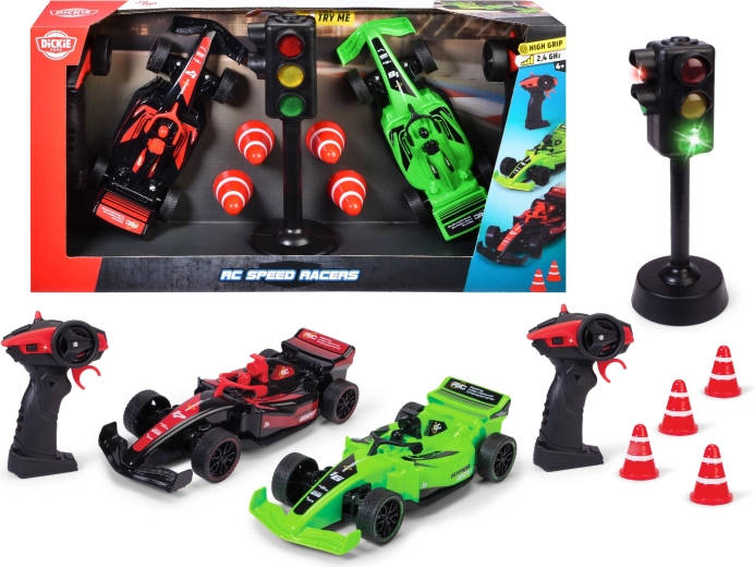 Dickie RC Speed Racers – sæt med to fjernstyrede racerbiler med lyssignal og kegler