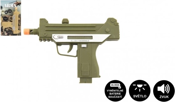 Pistol-maskingevær i plast 17,5 cm på batterier med lyd og lys, 2 farver på kort