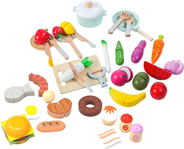 2Kids Toys træ-sæt med madvarer til børnekøkken (42 dele)