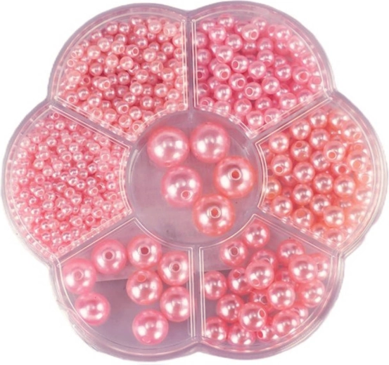 Træperler til at tråde – metallisk rosa i boks (ca. 1150 stk.) med snor
