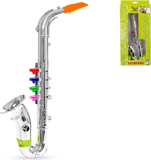 Børnesaxofon 38 cm – sølvfarvet plastinstrument med 4 farvede klapper