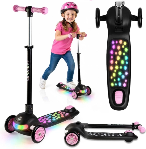 Børne-trehjulet balance-løbehjul med LED-belysning Ricokids Glowi – sort‑pink