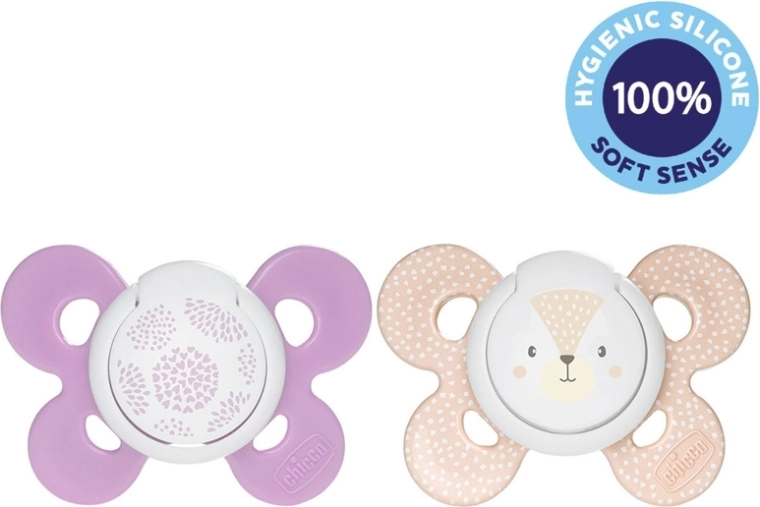 Chicco sut Physio Comfort i silikone 6–16 måneder, 2 stk., motiv prikker/ræv