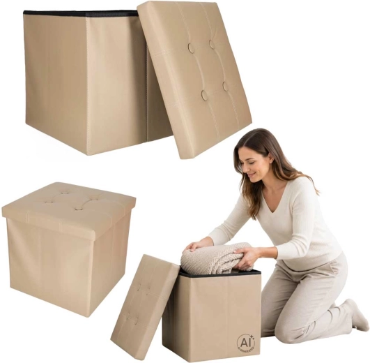 Sammenklappelig opbevaringspuf i beige kunstlæder 38 × 38 × 36 cm
