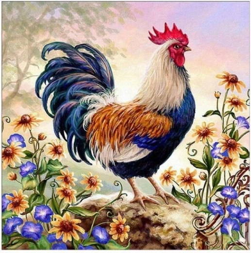 Diamantbroderi (diamond painting) farverig hane 30 × 30 cm