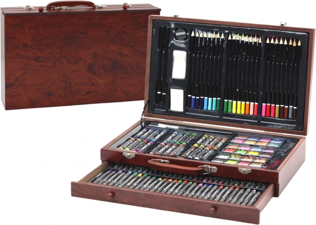Kunstnersæt i trææske farveblyanter, pastelblyanter, farver