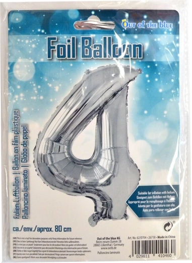 Sølv folieballon tal 4, 80 cm