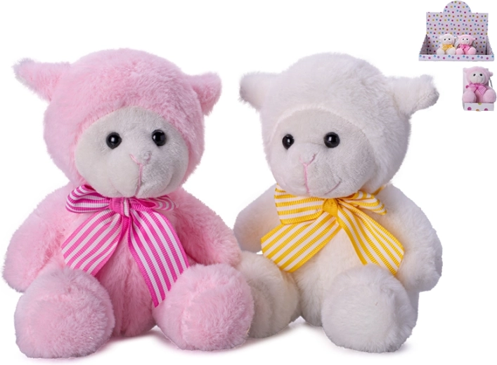 Plysbamse – siddende lille får med sløjfe 15 cm