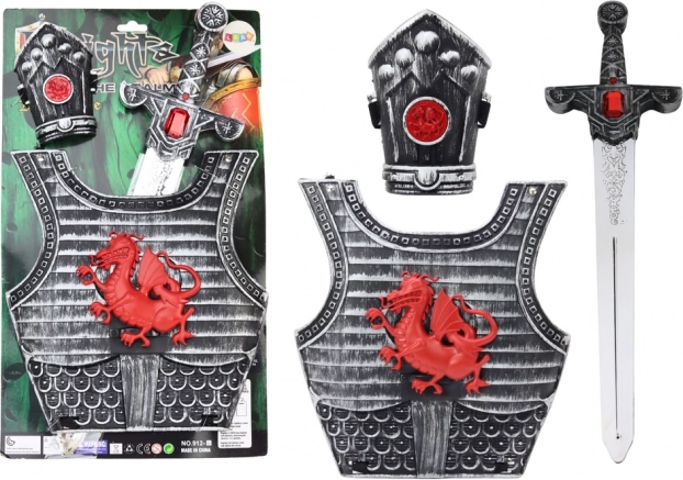 Ridderkostume med rustning, sværd og benskinne til børn