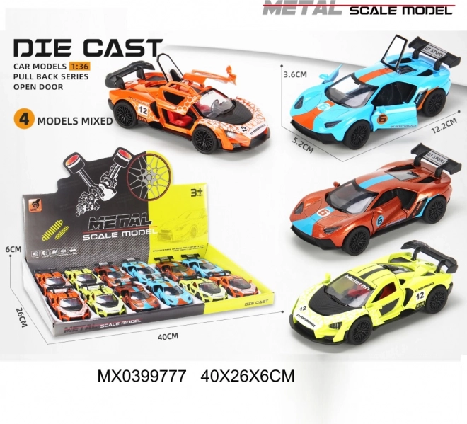 Metal racerbilsmodel 1:36 med åbne døre og friktionsdrev