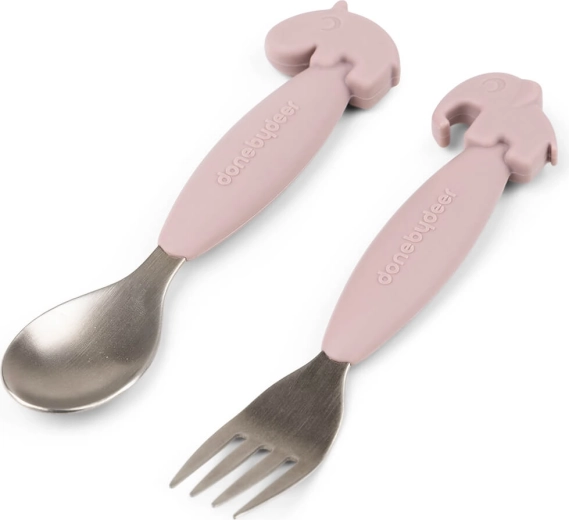 Done by Deer sæt med børneskeer og -gafler Easy-grip Deer friends rosa