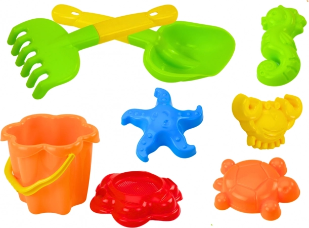 Sæt af sandlegelegetøj med spand, si og forme, 8 dele