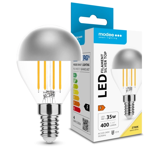 Modee LED pære Filament Globe Mini P45 Silver Top 4 W E14, 400 lm, varm hvid