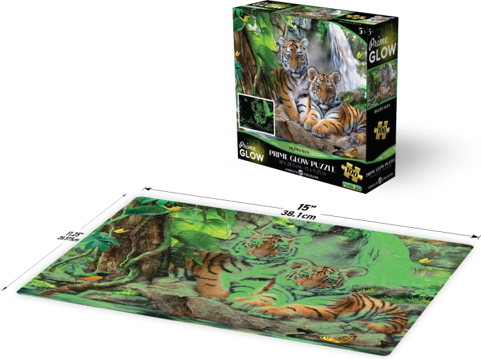 Lysende 3D-puslespil – tiger ved vandfald, 100 brikker