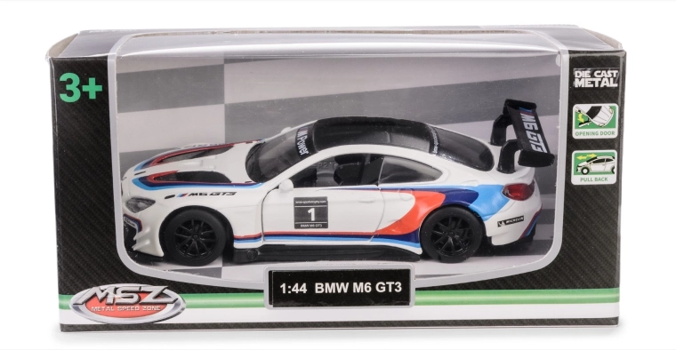Model BMW M6 GT3 1:44 med åbne døre og pull-back mekanisme