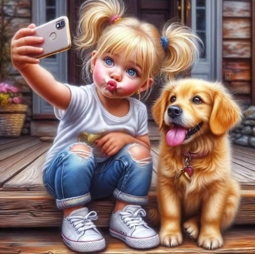 Norimpex mal efter tal Selfie af pige med hund 40 × 50 cm