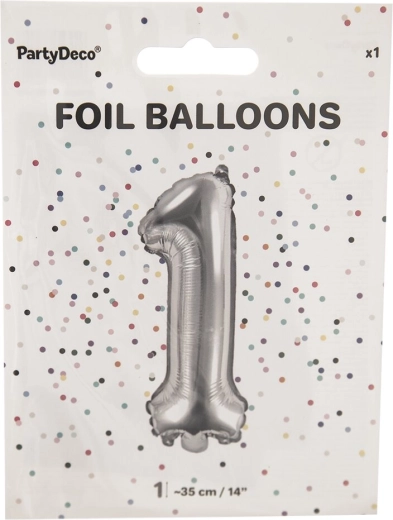 Sølv folieballon tal 1, 35 cm