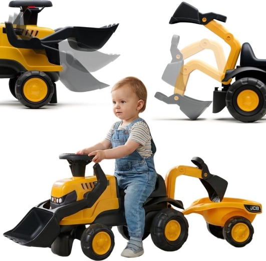 Løbecykel traktor JCB med trailer, skovl og rive til børn 1–3 år