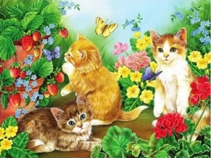 Diamantmaleri – katte og sommerfugle 30 × 40 cm