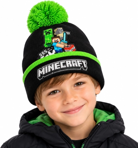 Minecraft-vinterhue til børn med Creeper-motiv og kvast