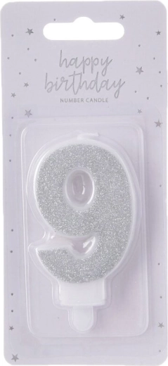 Sølv kagelys tal 9, 7 cm