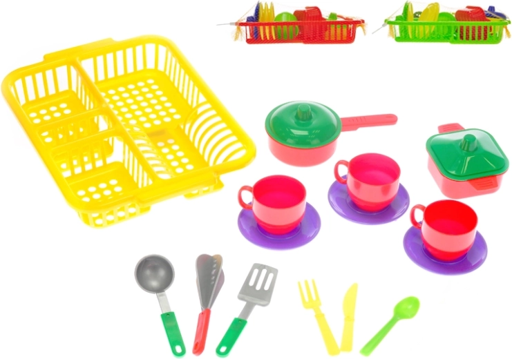 Sæt med børneservice med opvaskestativ – 3 farver
