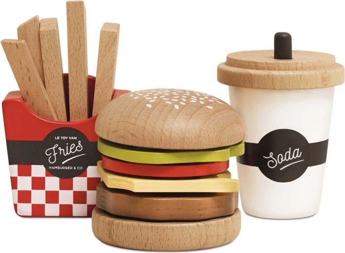 Trælegesæt 3-i-1: hamburger, pommes frites og drik – Le Toy Van
