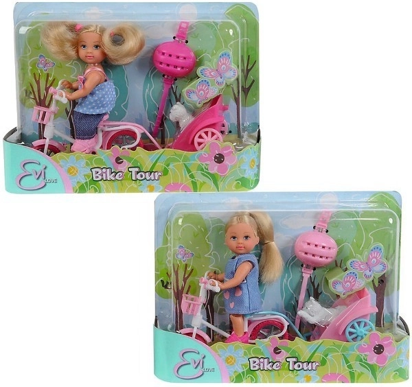 Dukke Evi Love på cykel med anhænger og hund