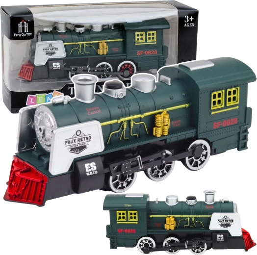 Klassisk grøn damplokomotiv med røg, lys, lyde og forhindringssensor