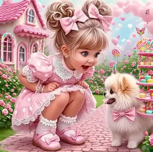 Norimpex diamantmaling pige i pink med hund 30 × 40 cm