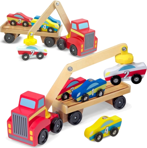 Melissa & Doug trækkebil i træ med magnetisk kran og små biler