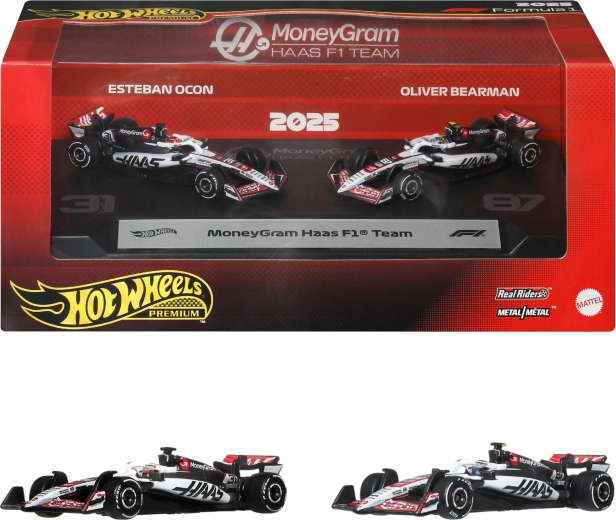 Hot Wheels Premium Formula 1 MoneyGram Haas sæt med 2 metalmodeller F1 Ocon og Bearman