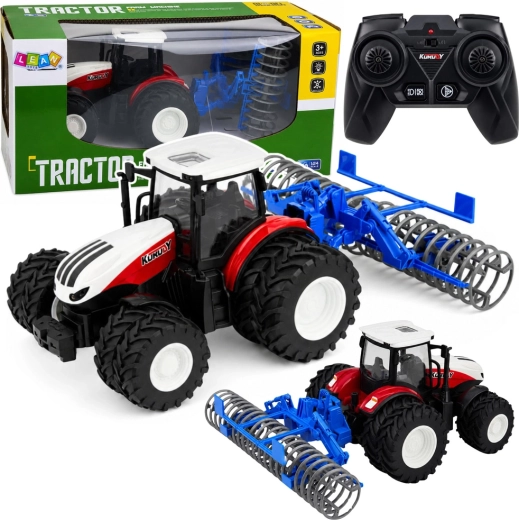 RC-traktor med tilkoblingsbar landbrugsrulle 1:24, rød, med lys